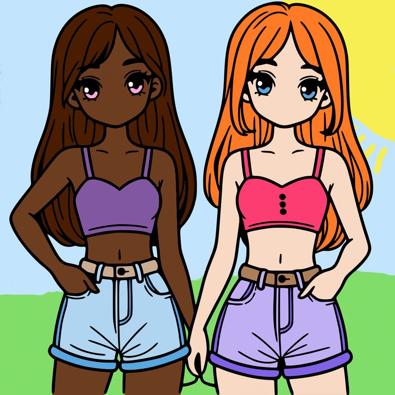 two sisters with crop tops and jean shorts and straight hair