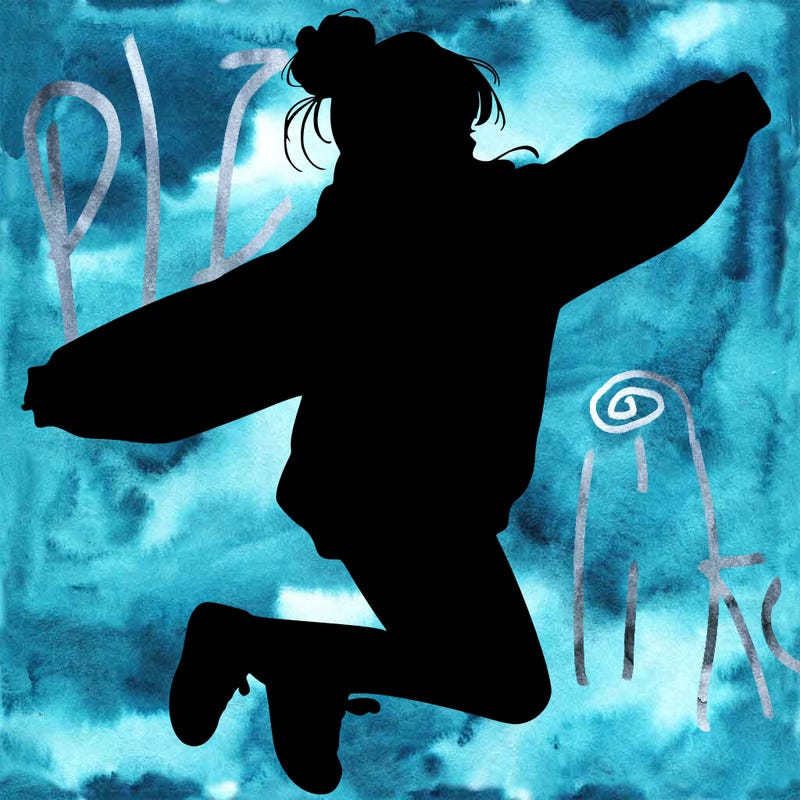 realistic girl jumping with a bun and oversized sweatshirt
