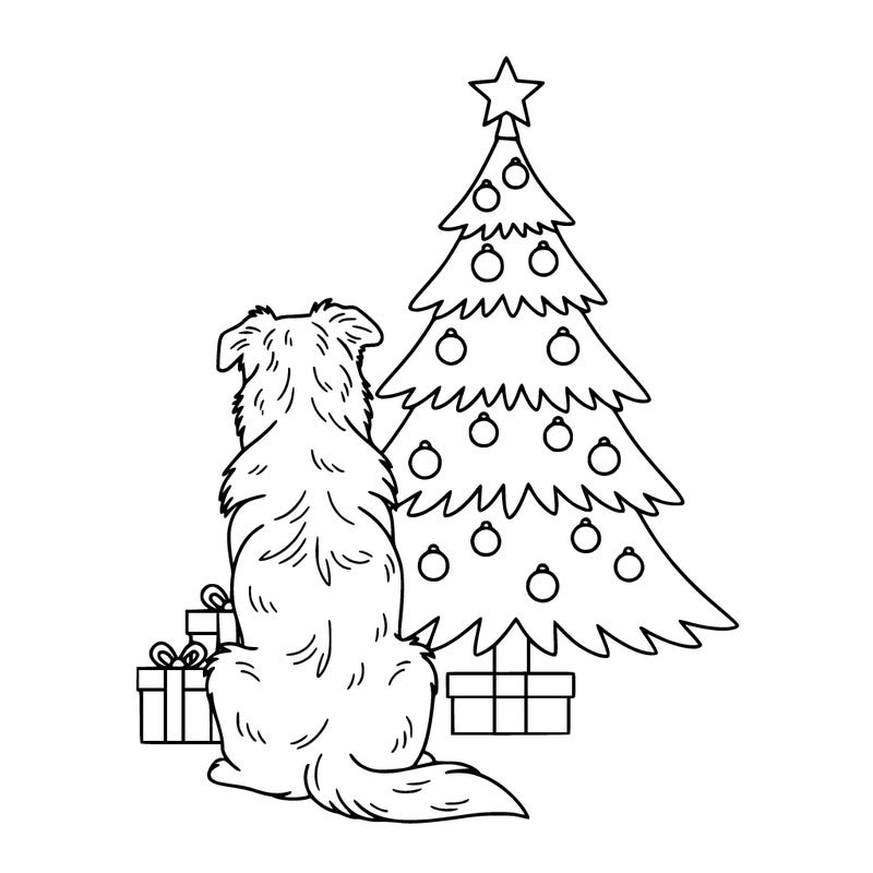 simple christmas with australian shepherd sitting tree