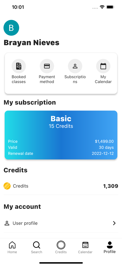 Pantalla de perfil de usuario de la app Fitpass DO mostrando un plan de suscripción básico y créditos de fitness disponibles.