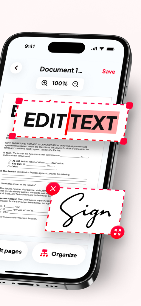 PDF Editor | Files Converter - スマートフォンでテキストを編集し、PDFドキュメントに署名する方法を示すモバイルアプリのインターフェイス
