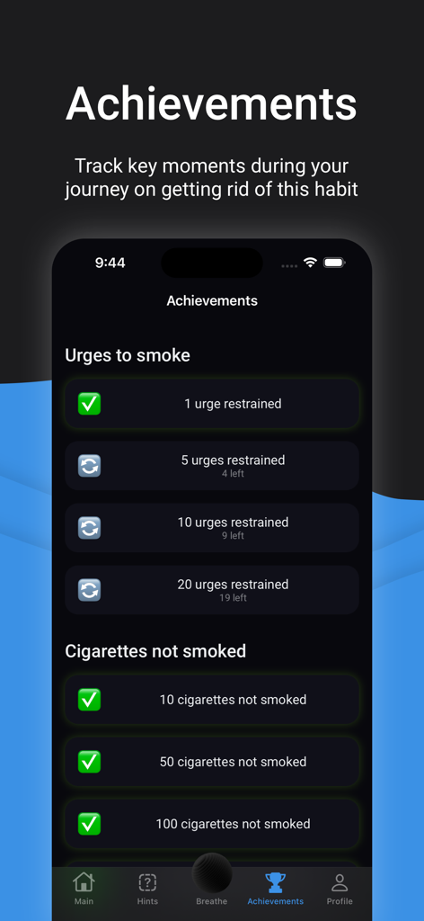 I Don't Smoke - quit bad habit - Interface do aplicativo Eu Não Fumo mostrando conquistas desbloqueadas por conter impulsos de fumar e rastrear cigarros não fumados.