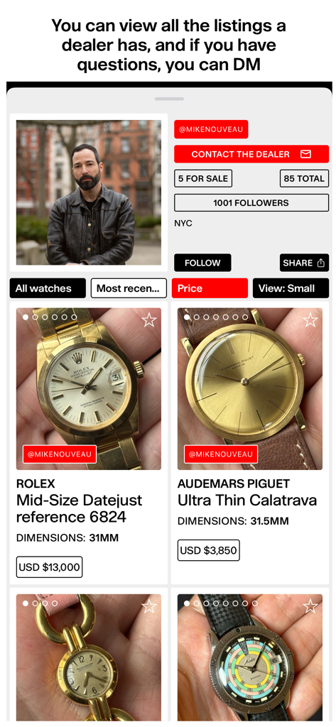 Pushers Watches - Pushers Watches app dealer profile screen showing luxury watch listings from a curated seller including a Rolex and Audemars Piguet.