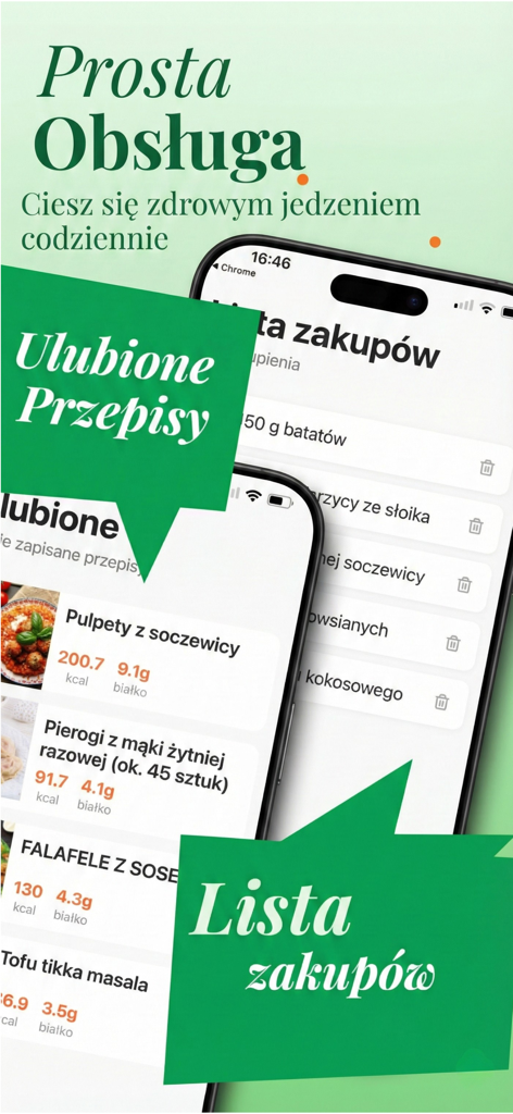 영양 정보가 포함된 즐겨찾기 목록과 통합 쇼핑 목록을 특징으로 하는 건강 레시피 앱의 모바일 인터페이스.