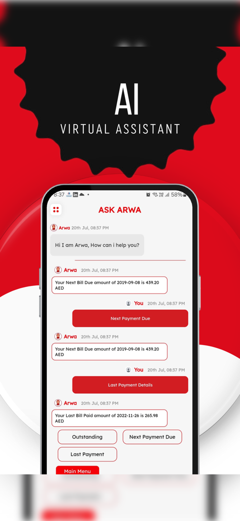 Coke B2BアプリのインターフェースがArwa AIバーチャルアシスタントを表示し、チャットボット経由で請求および支払い情報を提供
