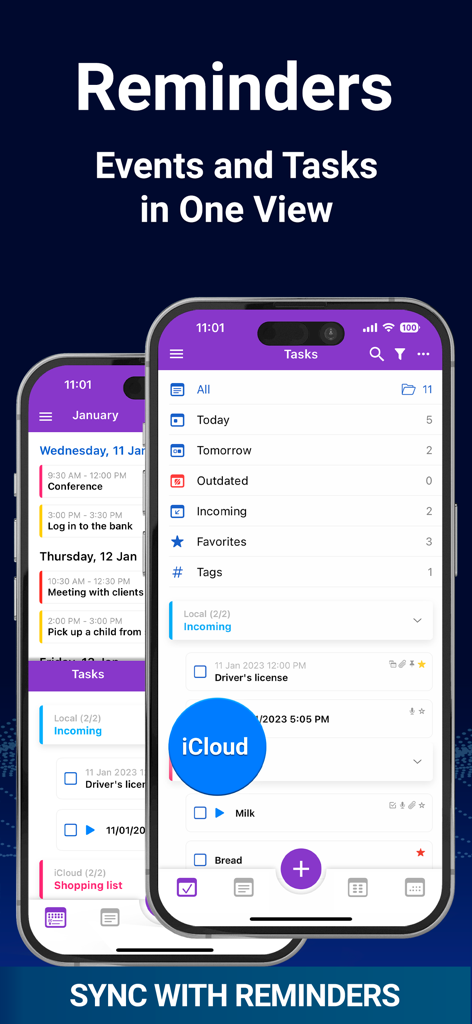 HUB: Calendar, Budget, Notes - Interface of the HUB app showing task lists and reminders with iCloud sync