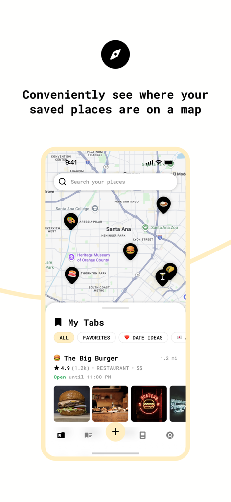 Interfaz de la aplicación Tabi que muestra ubicaciones guardadas de redes sociales en un mapa