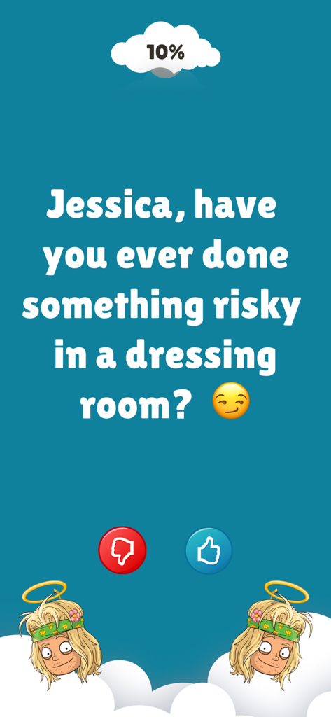 A truth question screen in the Truth or Dare Dirty app asking a personal question to a player named Jessica with angel characters and voting buttons
