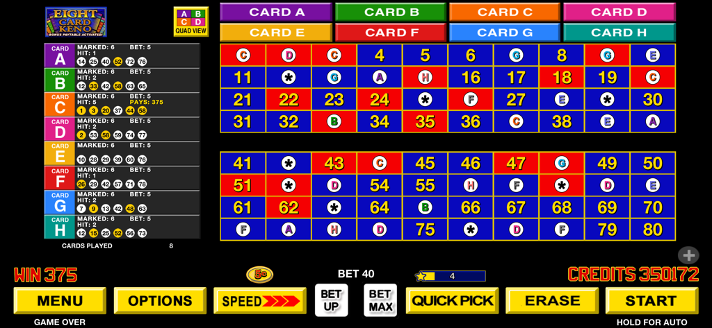 Gameplay-Bildschirm von Keno Star, der ein Achterkarten-Keno-Match mit hervorgehobenen Gewinnzahlen zeigt