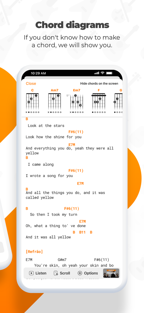 Cifra Club - Interface d'application mobile affichant les diagrammes d'accords de guitare et les paroles pour apprendre à jouer des chansons