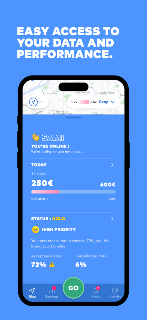 Heetch Pro - app for drivers - Heetch Pro app screen showing driver daily earnings performance metrics and account status