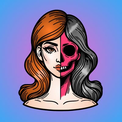 bust of a woman, half face and hair, half skull