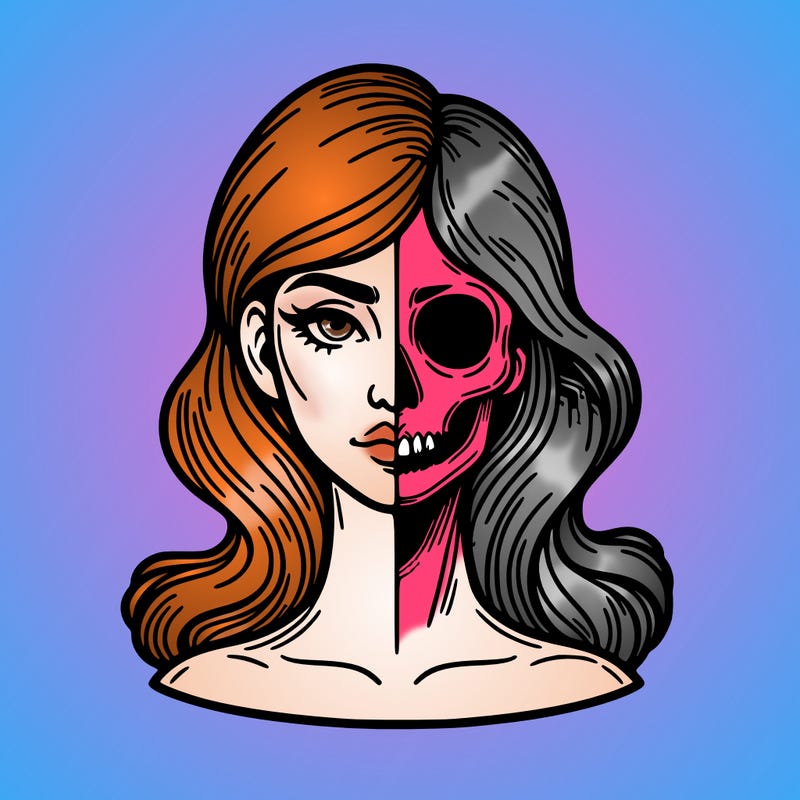 bust of a woman, half face and hair, half skull