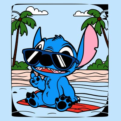 stitch animated with sunglasses and a beach background