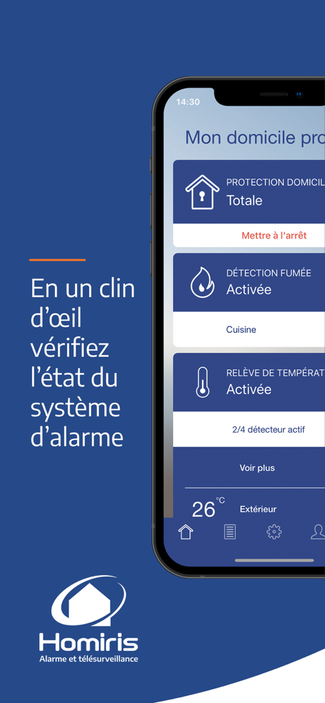 Smartphone affichant le tableau de bord de l'application Homiris avec l'état de protection du domicile et les paramètres de détection de fumée