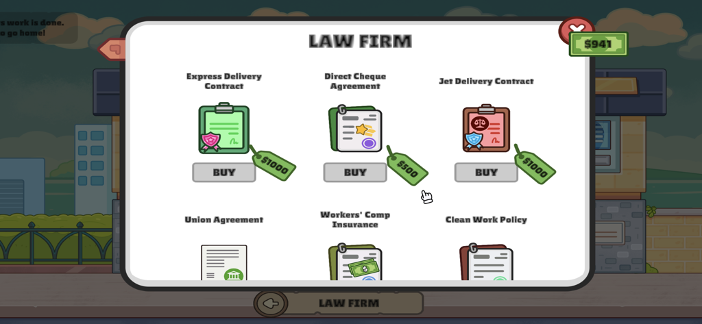 Pack & Ship - A menu screen in the Pack and Ship game showing various legal contracts and business policies available for purchase in the law firm section.