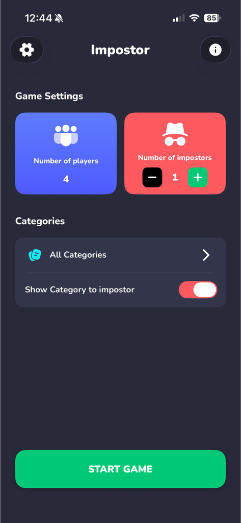 Imposter: Fun Party Word Game - Game settings screen for Imposter Fun Party Word Game showing configuration for players and imposters.