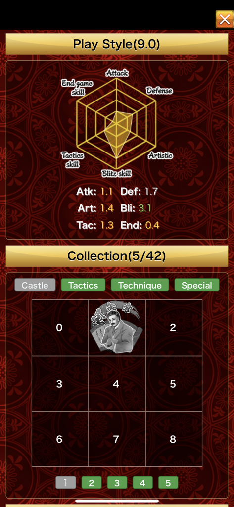 将棋ウォーズのユーザープロフィール。プレイ スタイルの統計を示すレーダーチャートと戦術コレクショングリッドが表示されています。