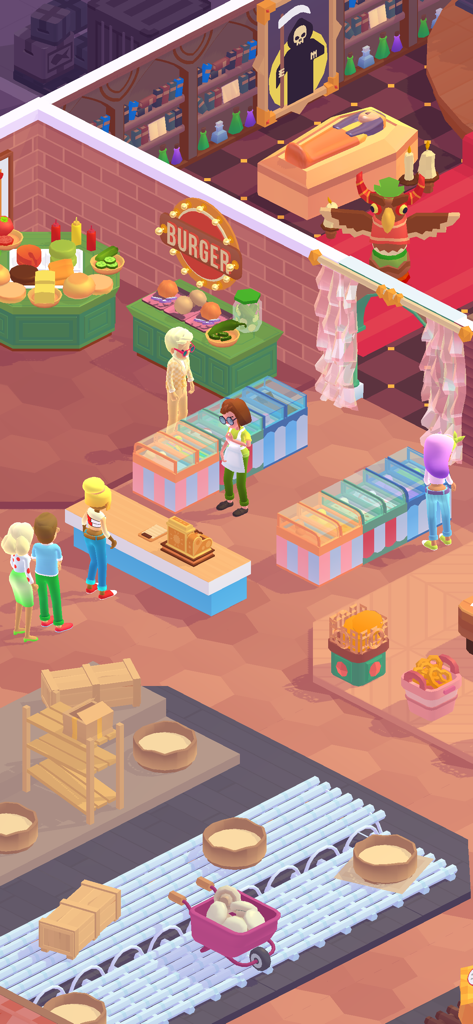 Mini Market - Cooking game - ミニマーケットのカラフルなアイソメトリックビュー。ハンバーガー作りステーション、レジカウンター、顧客がいる様子。