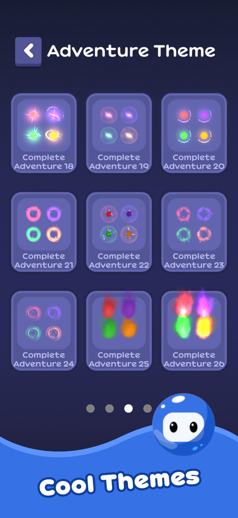 Ball Sorting Master - Puzzle - A selection grid of colorful and glowing unlockable adventure themes for the ball sorting puzzle game