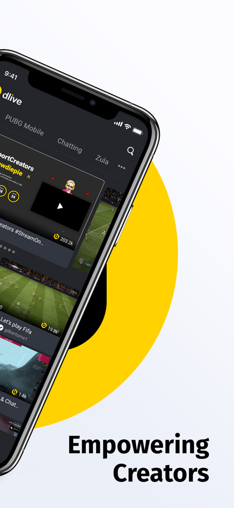 DLive · Your Stream Your Rules - Interfaz de la aplicación DLive en un smartphone con el texto Empoderando Creadores