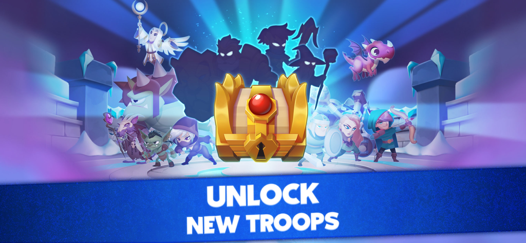 A golden treasure chest surrounded by fantasy heroes and monsters in Top Troops Adventure RPG