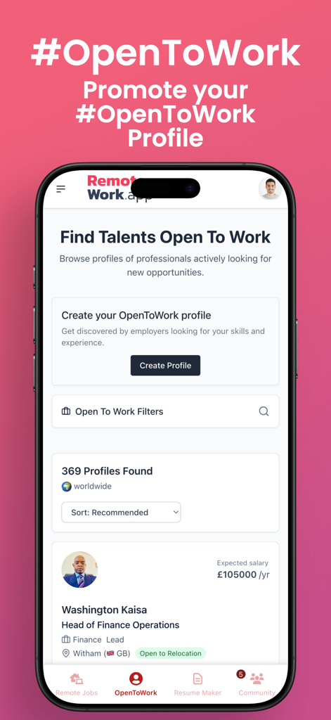 Remote-Work.app - remote jobs - '근무 가능' 상태의 전문 인재 프로필을 보여주는 모바일 앱 화면