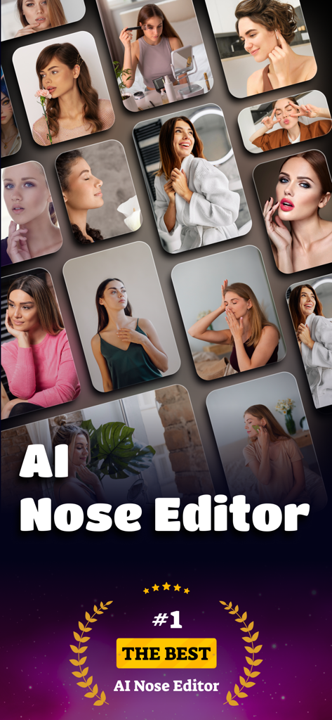 Nose Editor & Retouch: Nosefix - Collage of female portraits showcasing the features of the AI Nose Editor and retouching app Nosefix.