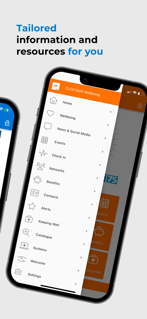 HealthZone UK - HealthZone UK mobile app interface showing a side menu with medical resources and wellbeing options