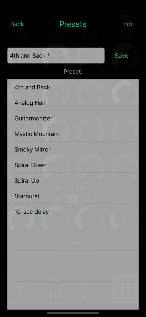 Presets menu in Echo Pitch app showing options like Analog Hall and Guitarmonizer