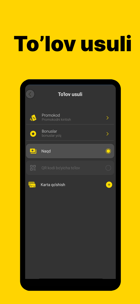 Metro Taxi: Такси и Доставка - Metro Taxi mobile app payment selection screen with cash and card options in Uzbek