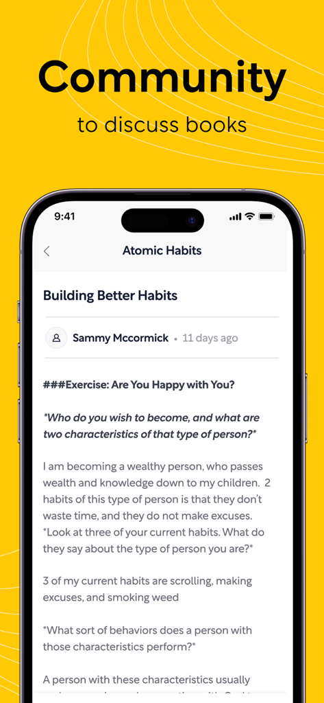 Shortform Daily Book Summaries - Shortform app screen showing a community discussion and interactive exercise response for the book Atomic Habits.
