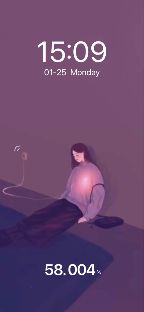 Custom iPhone charging animation screen featuring an aesthetic illustration and precise battery percentage display.