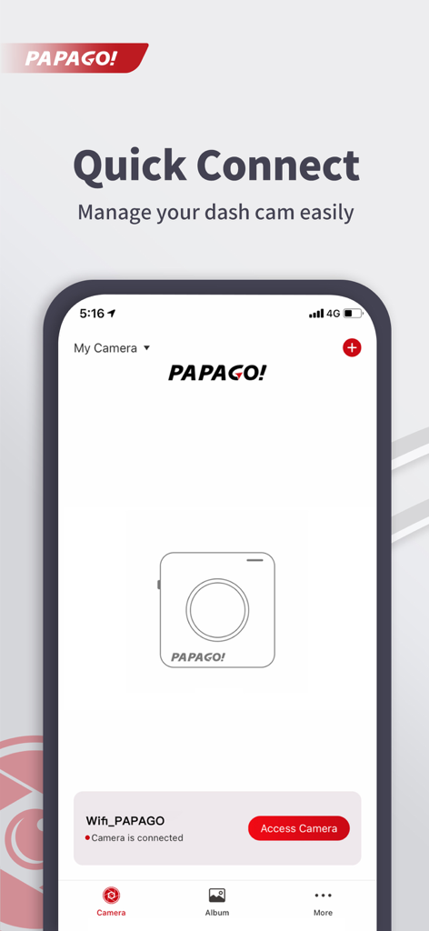 PAPAGO Focus app interface showing the quick connect feature and a successful dash cam connection over WiFi