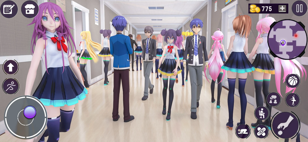 Anime High School Girl Sim - Anime girl character in a school hallway with other students and game UI in a high school simulator