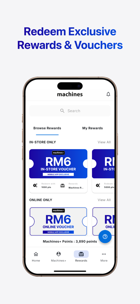 Machines Mobile App - Una pantalla de aplicación móvil que muestra recompensas exclusivas para miembros y cupones para el programa de lealtad Machines Plus.