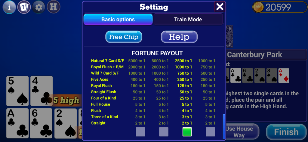 Pai Gow Poker Trainer - Settings screen showing customizable Fortune Payout table in the Pai Gow Poker Trainer app
