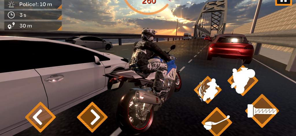 Motorcycle Sim: Multi - Un motorista sorteando un denso tráfico en una autopista al atardecer en un juego de simulación realista.