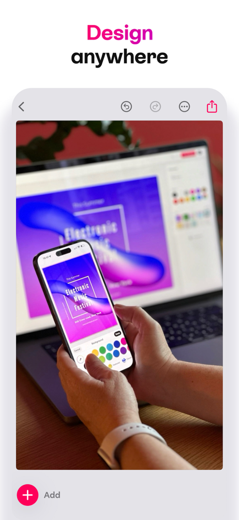 A person editing a music festival flyer on an iPhone with the same design synced on a laptop screen.