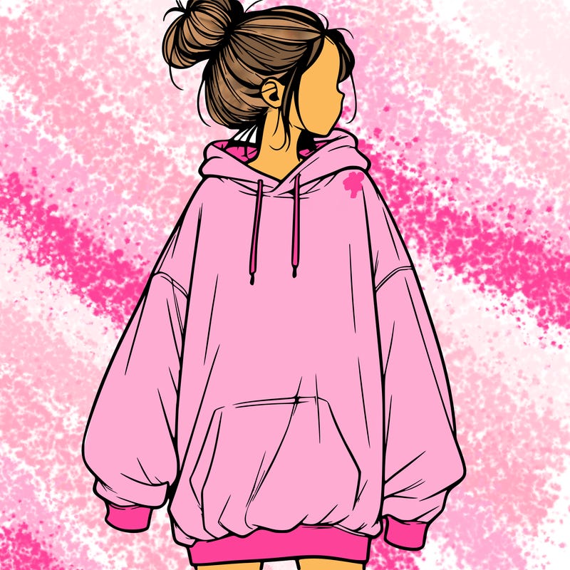 realistic girl with a oversized sweatshirt on and a bun