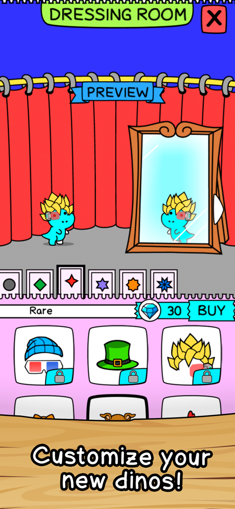 Dino Evolution: Dinosaur Game - 디노 에볼루션의 드레스룸에서 노란색 가발과 스카우터를 착용한 파란색 낙서 공룡