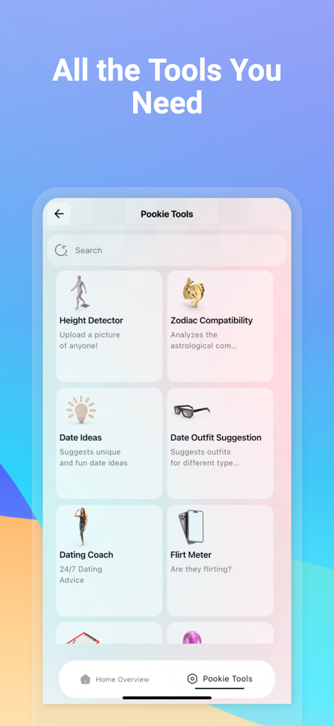 Interfaz de la aplicación Pookie Tools que muestra funciones de citas por IA como detector de altura y compatibilidad zodiacal