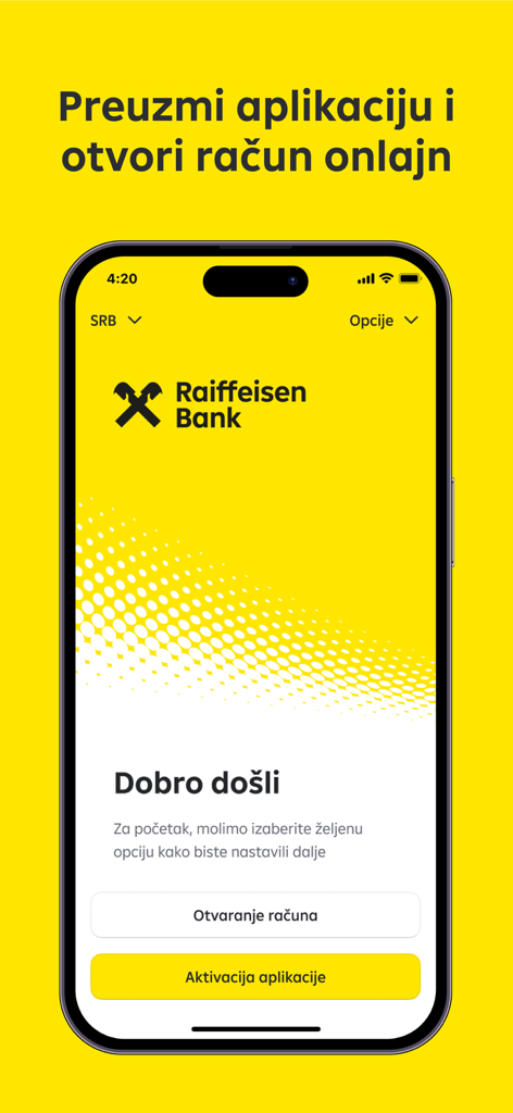 Moja mBanka Raiffeisen - Welcome screen of the Moja mBanka Raiffeisen app showing options to open an account or activate the application in Serbian