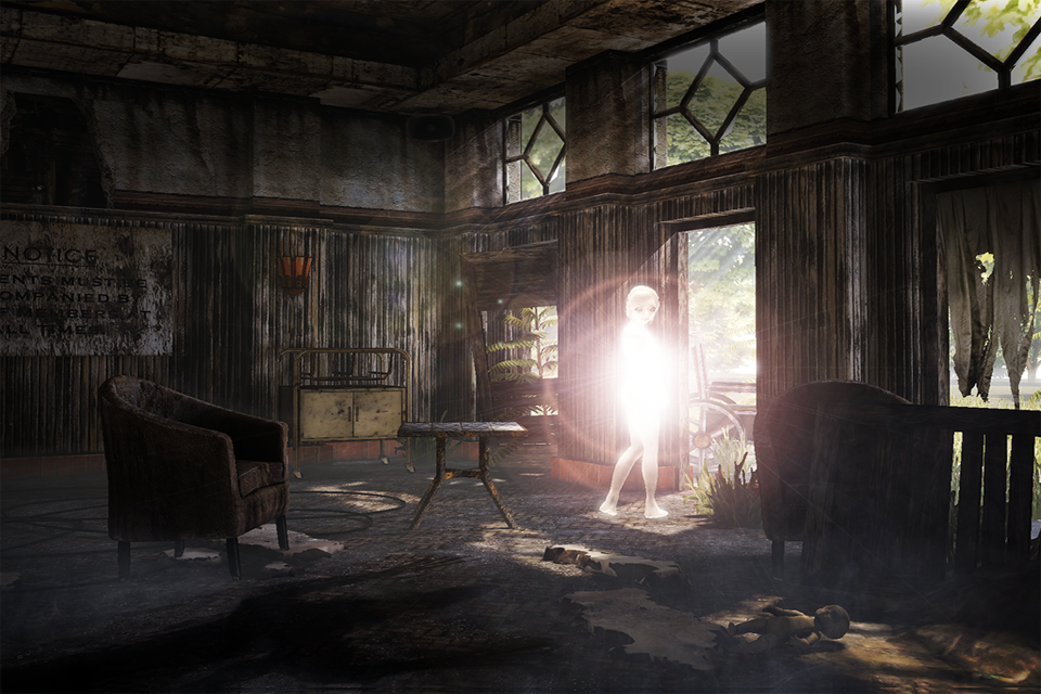 Dark Meadow: The Pact - Eine leuchtende spektrale Gestalt steht in einem Türrahmen eines dunklen, zerstörten Krankenhauszimmers