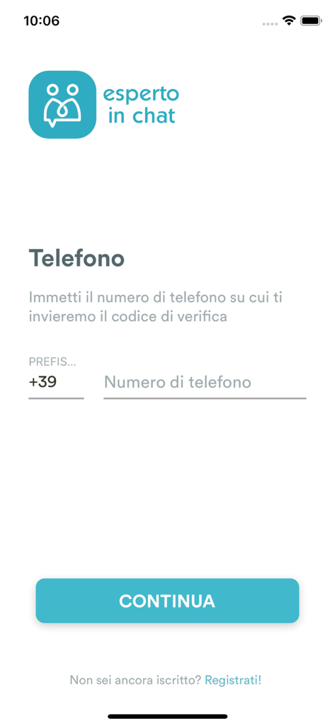 Esperto in Chat - Clienti - Pantalla de registro y verificación de número de teléfono de la aplicación Esperto in Chat.