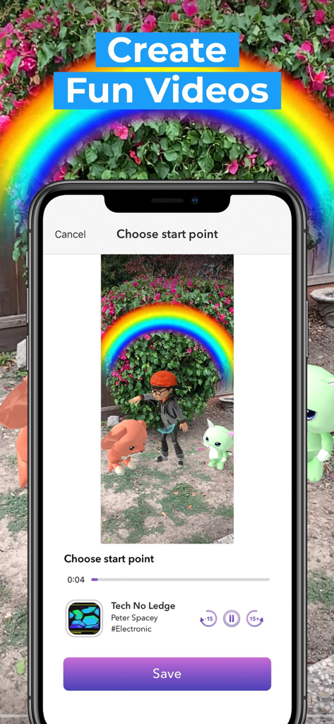 Video editing interface in Leo AR app showing a scene with an AR rainbow and animated characters