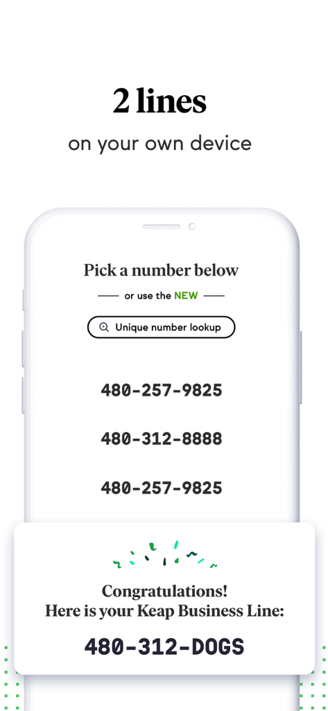 Keap Mobile - Keap Mobile app screen showing the option to pick a second professional business phone number for one device