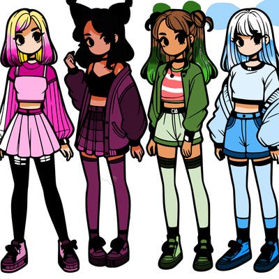 one girl with crop-top shirt and a jacket with a skirt, long socks and another girl with a shirt and pants with a jacket