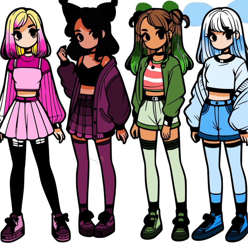 one girl with crop-top shirt and a jacket with a skirt, long socks and another girl with a shirt and pants with a jacket