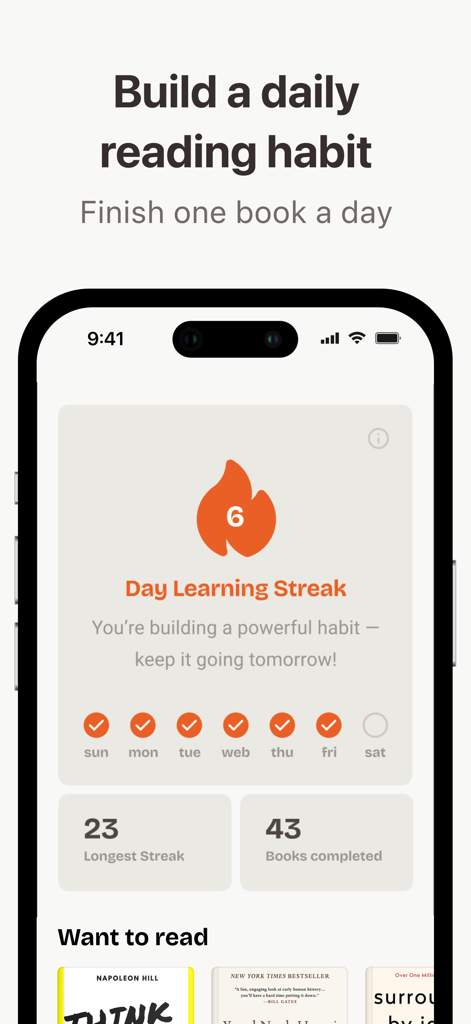 Wisely: Books in 15 Minutes - Interface de l'application Wisely montrant une série d'apprentissage de six jours et des livres terminés pour établir une habitude de lecture quotidienne.